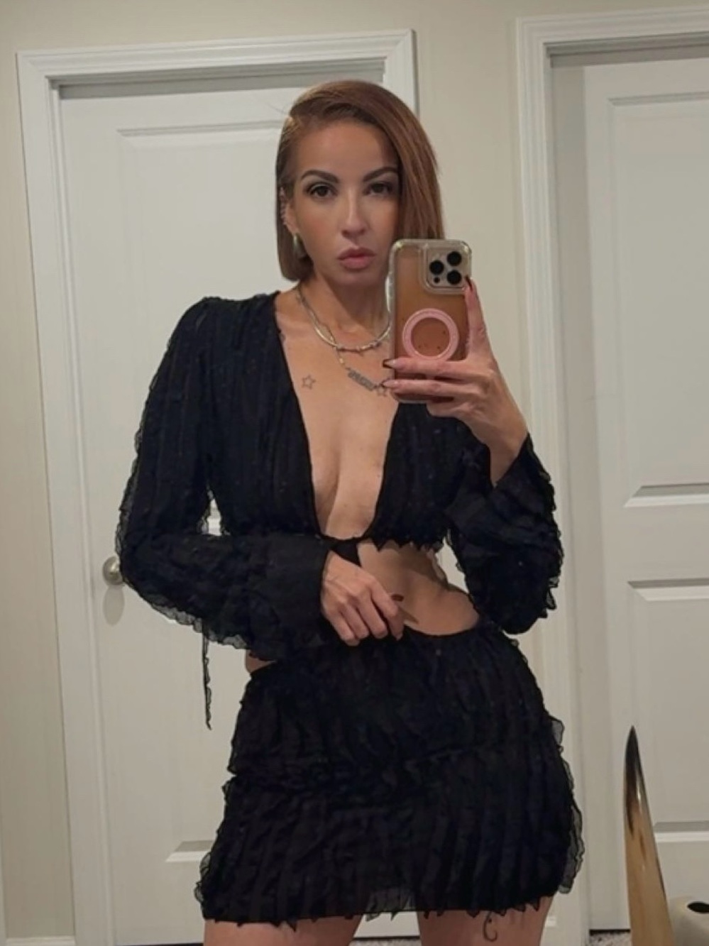 JLUXLABEL Black Ruffled Long-Sleeve Cutout Midi Dress